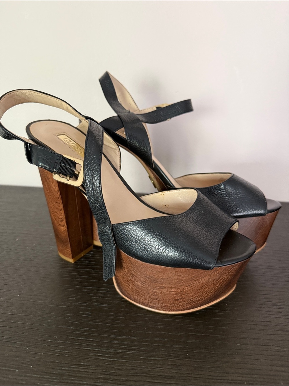 Guess Black Leather Platform Peep-Toe Sandals with Wood-Tone Platform